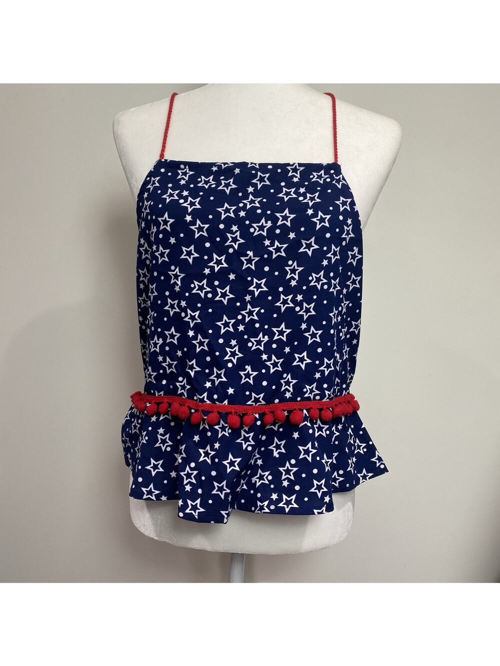America & Beyond Women's Star Print Pom Pom Peplum Tank Top Sz Large Patriotic